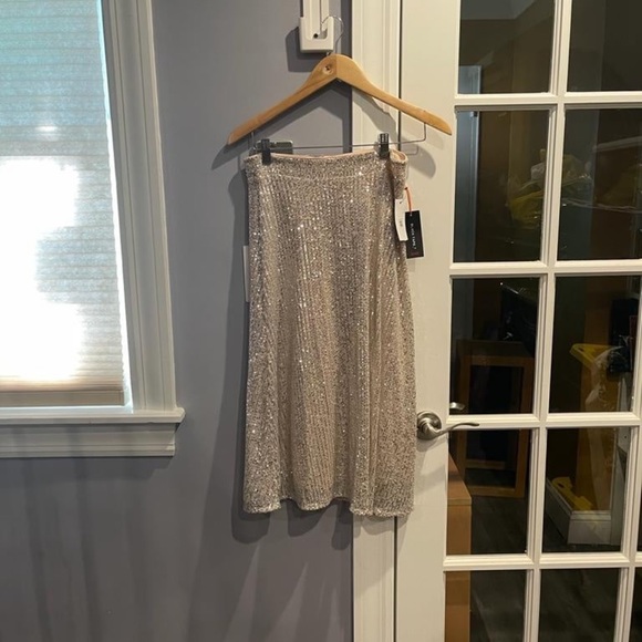 Cream silver metallic sequin midi flare aline skirt - Picture 4 of 8